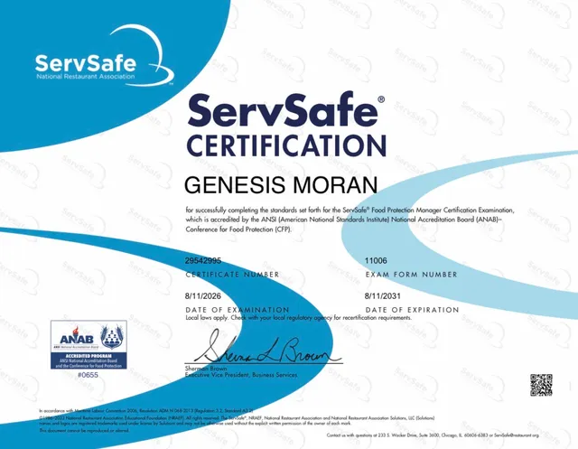 ServSafe Food Protection Manager certificate awarded to Genesis Moran